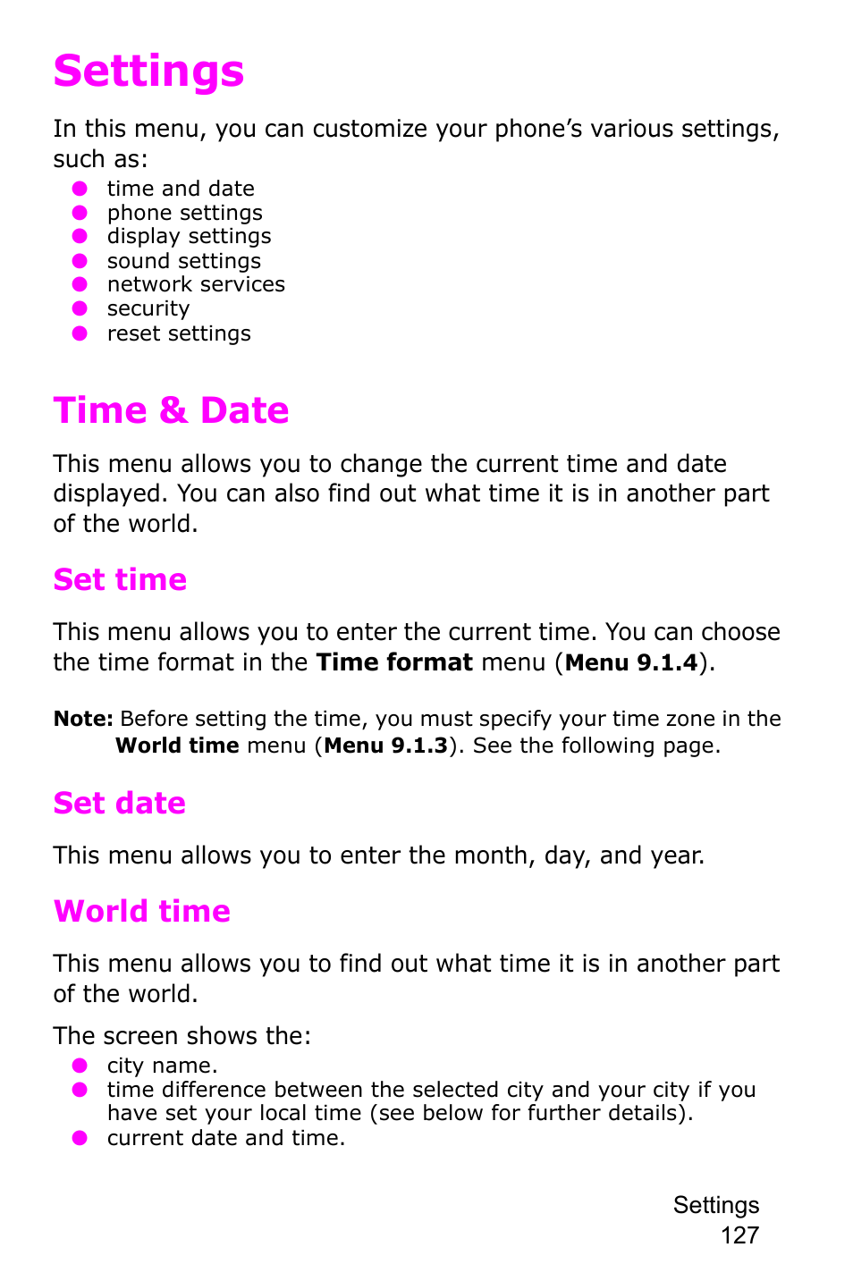 Settings, Time & date, Set time | Set date, World time | Samsung SGH-P735MSATMB User Manual | Page 128 / 193