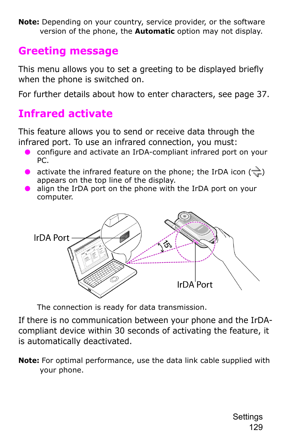 Greeting message, Infrared activate | Samsung SGH-P735MSATMB User Manual | Page 130 / 193