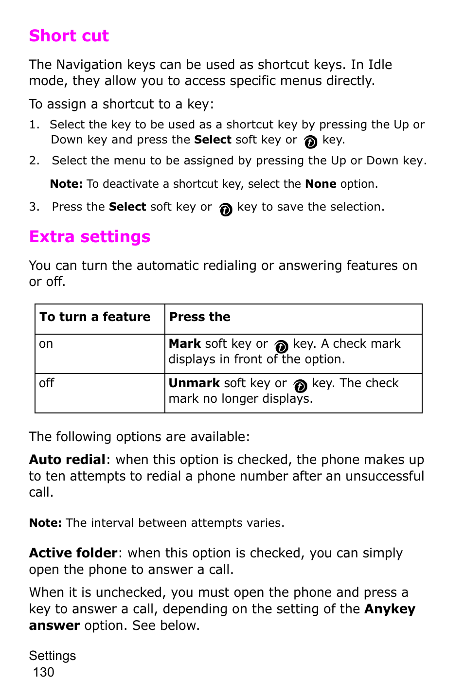 Short cut, Extra settings | Samsung SGH-P735MSATMB User Manual | Page 131 / 193