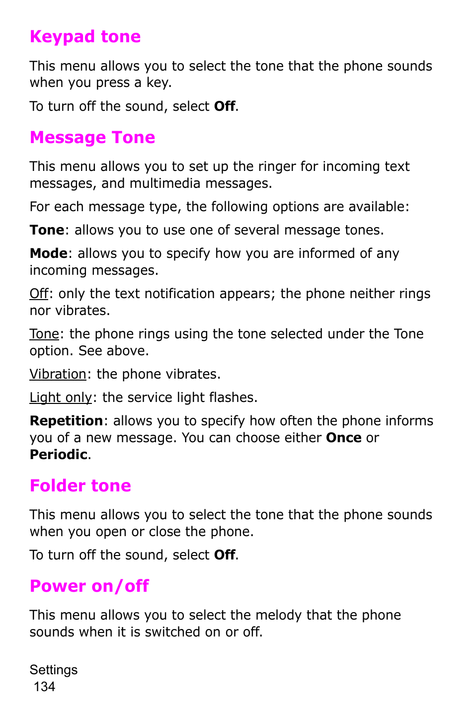 Keypad tone, Message tone, Folder tone | Power on/off | Samsung SGH-P735MSATMB User Manual | Page 135 / 193