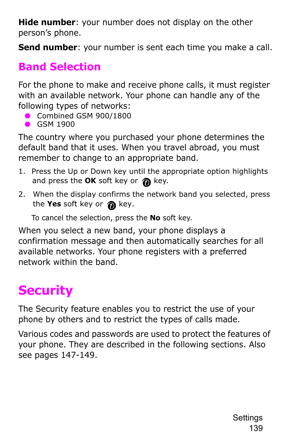 Security, Band selection | Samsung SGH-P735MSATMB User Manual | Page 140 / 193