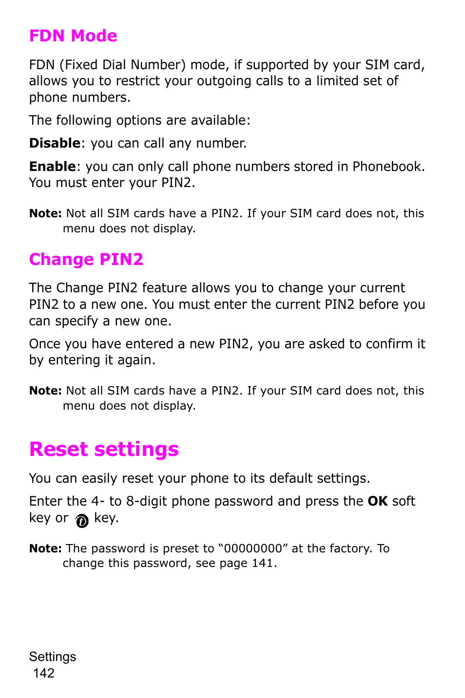 Reset settings, Fdn mode, Change pin2 | Samsung SGH-P735MSATMB User Manual | Page 143 / 193