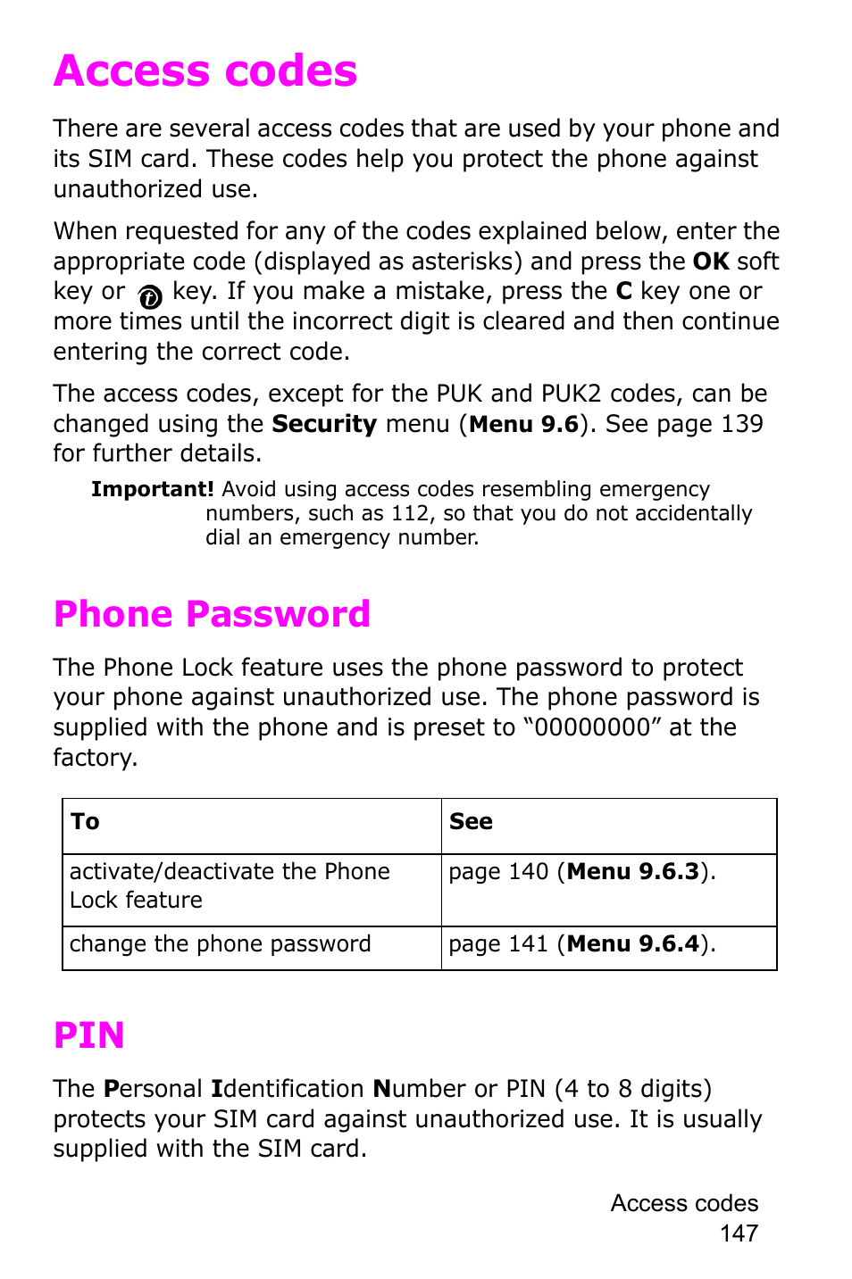 Access codes, Phone password, Phone password pin | Samsung SGH-P735MSATMB User Manual | Page 148 / 193