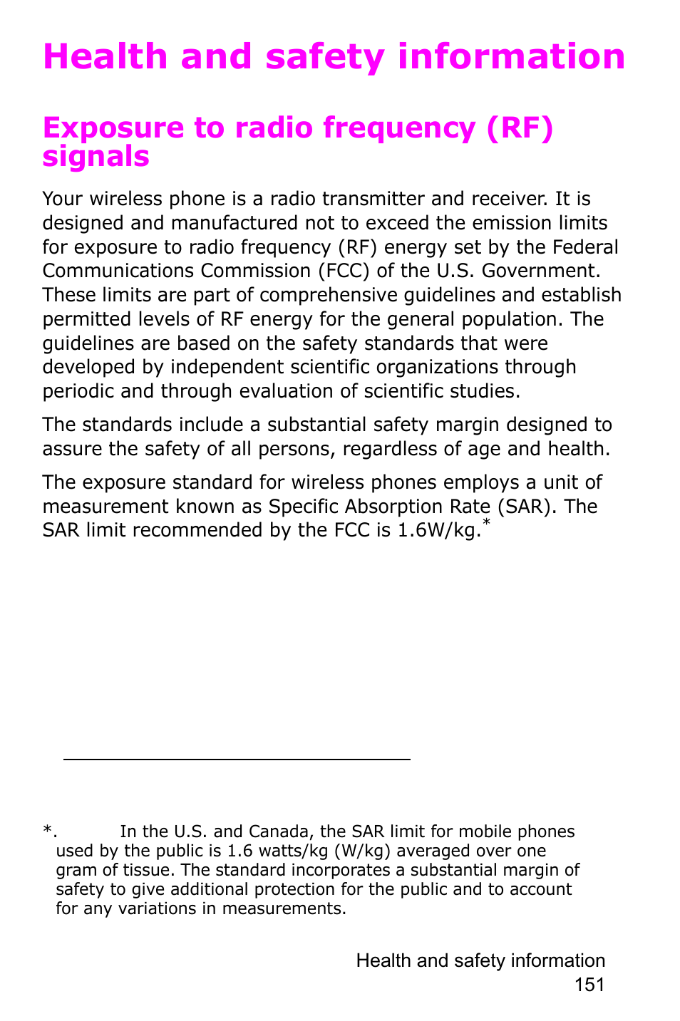 Health and safety information, Exposure to radio frequency (rf) signals | Samsung SGH-P735MSATMB User Manual | Page 152 / 193