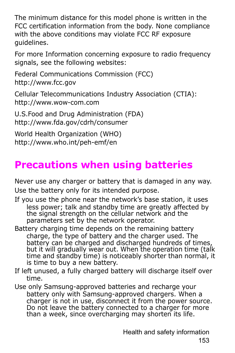 Precautions when using batteries | Samsung SGH-P735MSATMB User Manual | Page 154 / 193