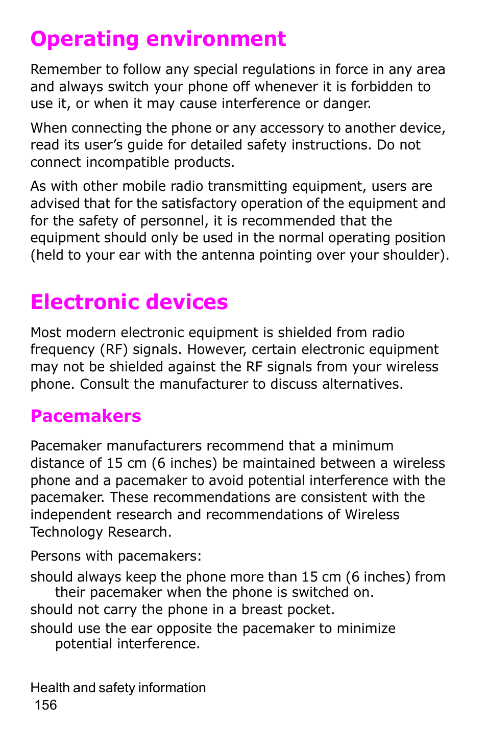 Operating environment, Electronic devices, Operating environment electronic devices | Samsung SGH-P735MSATMB User Manual | Page 157 / 193