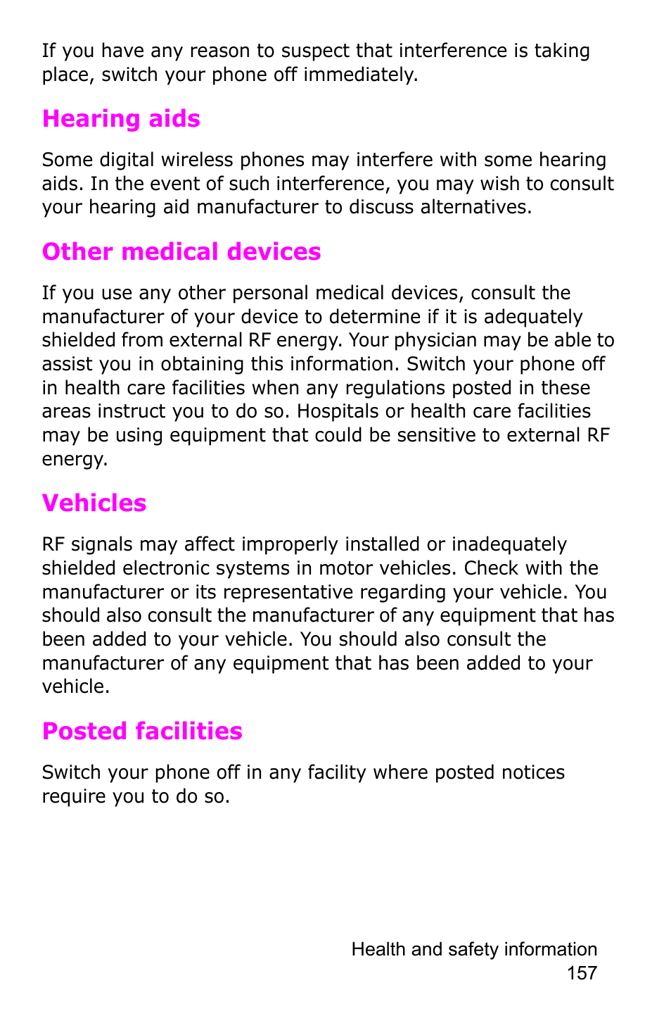 Hearing aids, Other medical devices, Vehicles | Posted facilities | Samsung SGH-P735MSATMB User Manual | Page 158 / 193