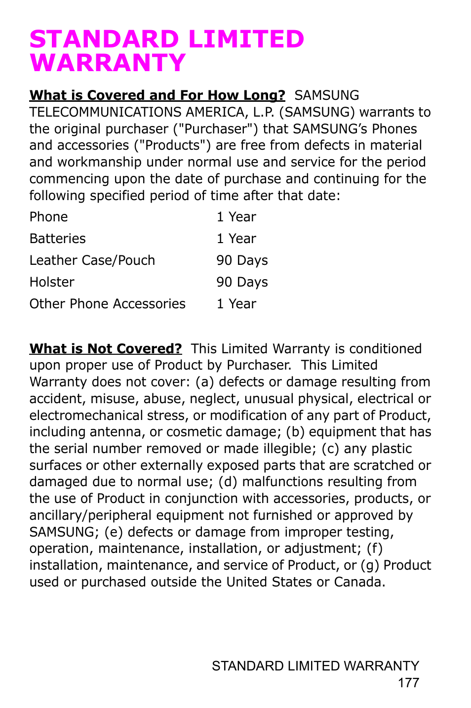 Standard limited warranty | Samsung SGH-P735MSATMB User Manual | Page 178 / 193