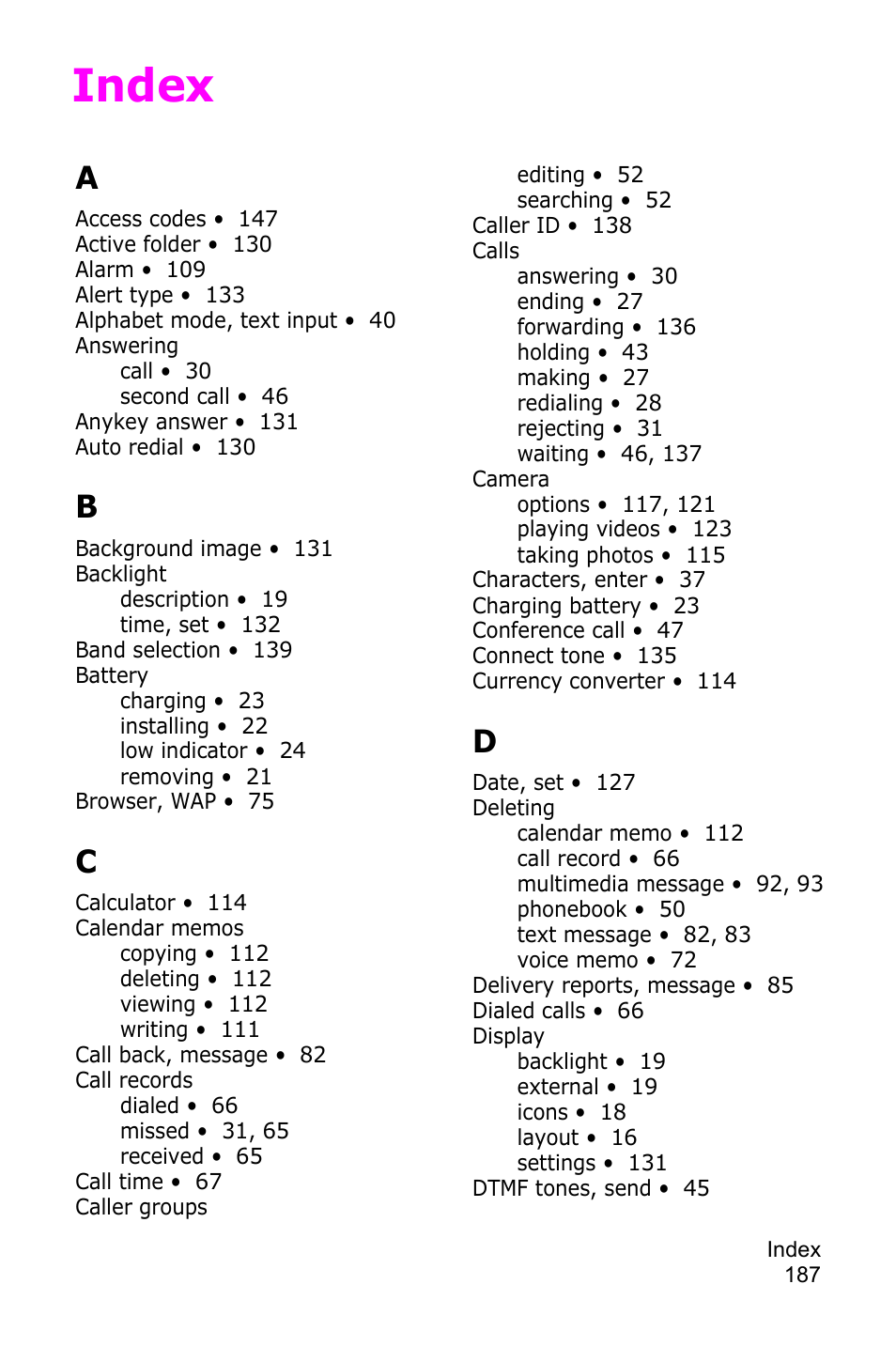 Index | Samsung SGH-P735MSATMB User Manual | Page 188 / 193