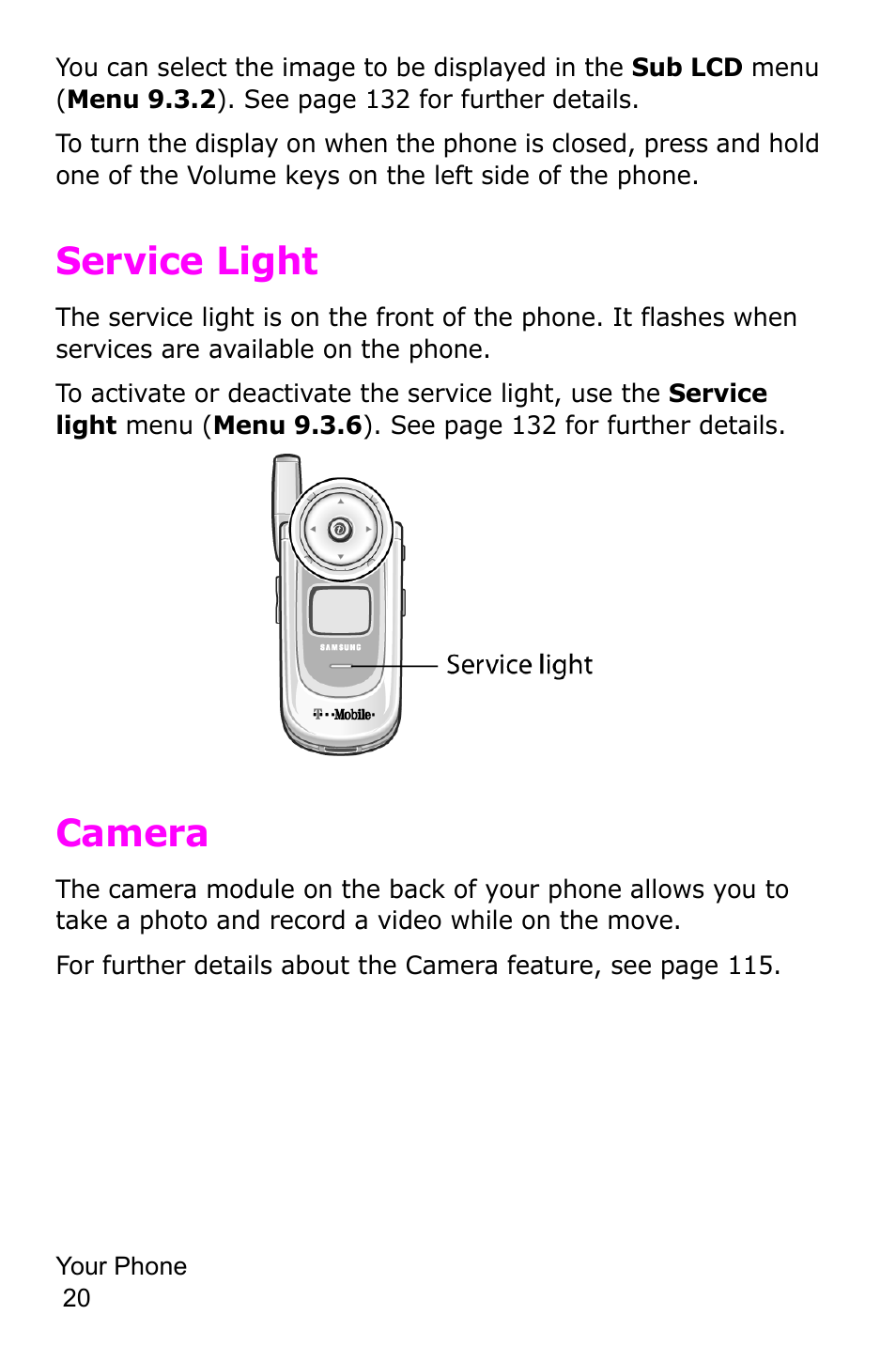 Service light, Camera, Service light camera | Samsung SGH-P735MSATMB User Manual | Page 21 / 193