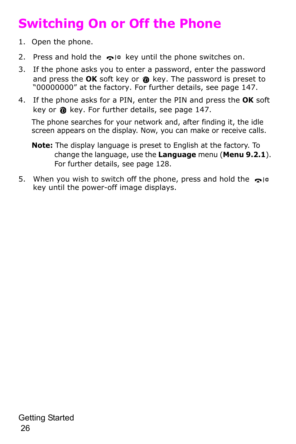 Switching on or off the phone | Samsung SGH-P735MSATMB User Manual | Page 27 / 193