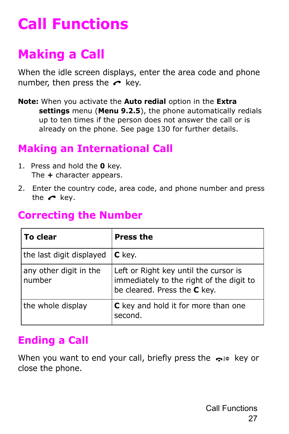 Call functions, Making a call, Making an international call | Correcting the number ending a call | Samsung SGH-P735MSATMB User Manual | Page 28 / 193