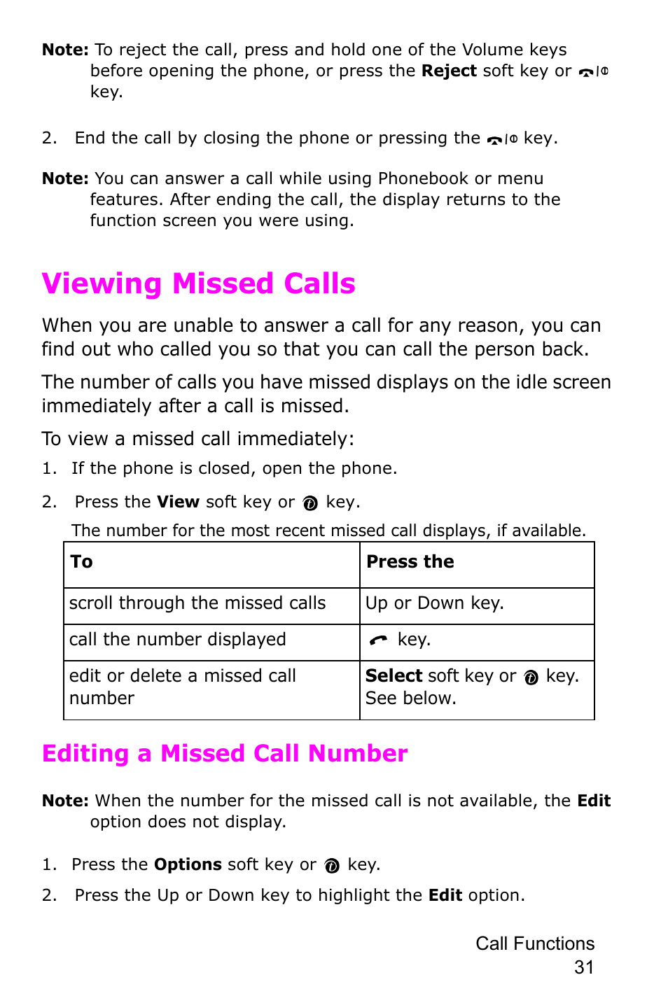 Viewing missed calls, Editing a missed call number | Samsung SGH-P735MSATMB User Manual | Page 32 / 193