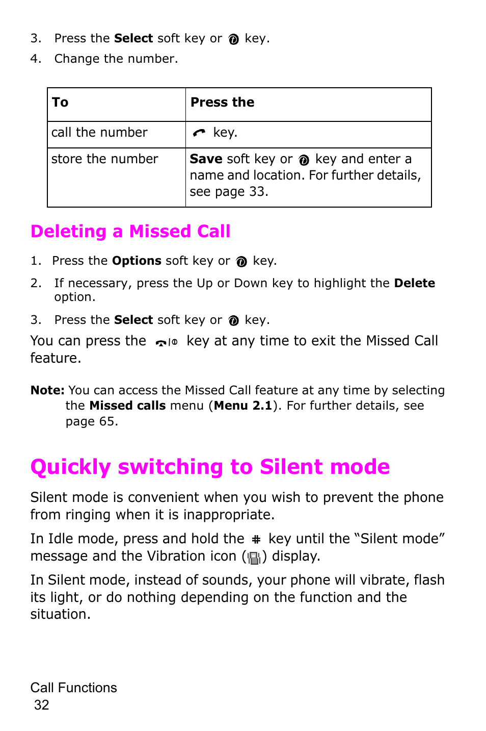 Quickly switching to silent mode, Deleting a missed call | Samsung SGH-P735MSATMB User Manual | Page 33 / 193