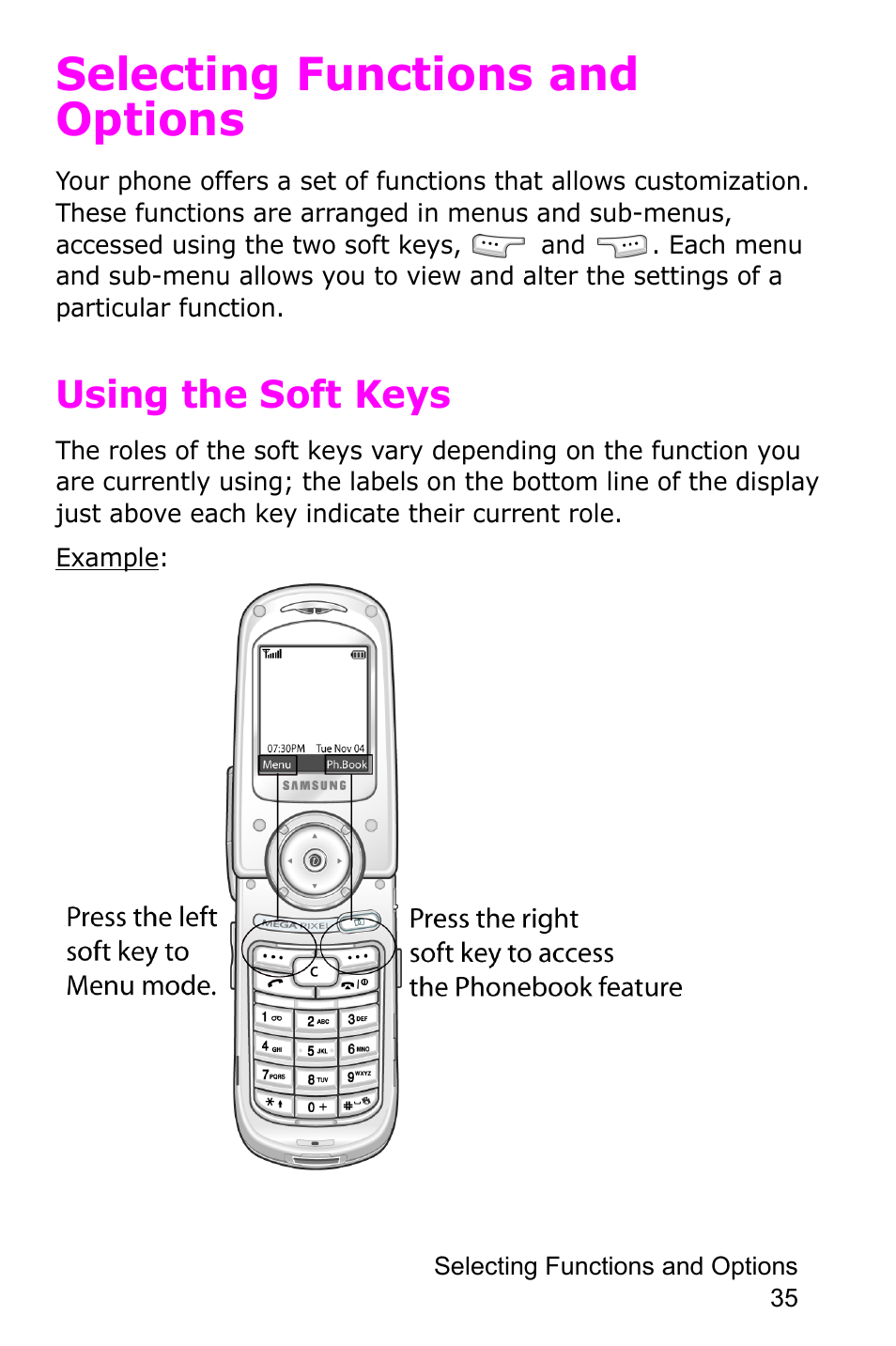 Selecting functions and options, Using the soft keys | Samsung SGH-P735MSATMB User Manual | Page 36 / 193