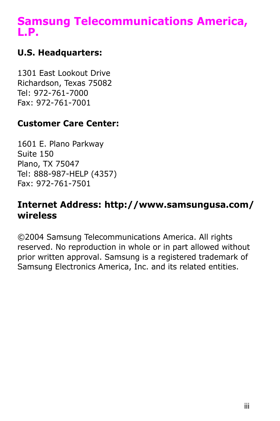 Samsung telecommunications america, l.p | Samsung SGH-P735MSATMB User Manual | Page 4 / 193