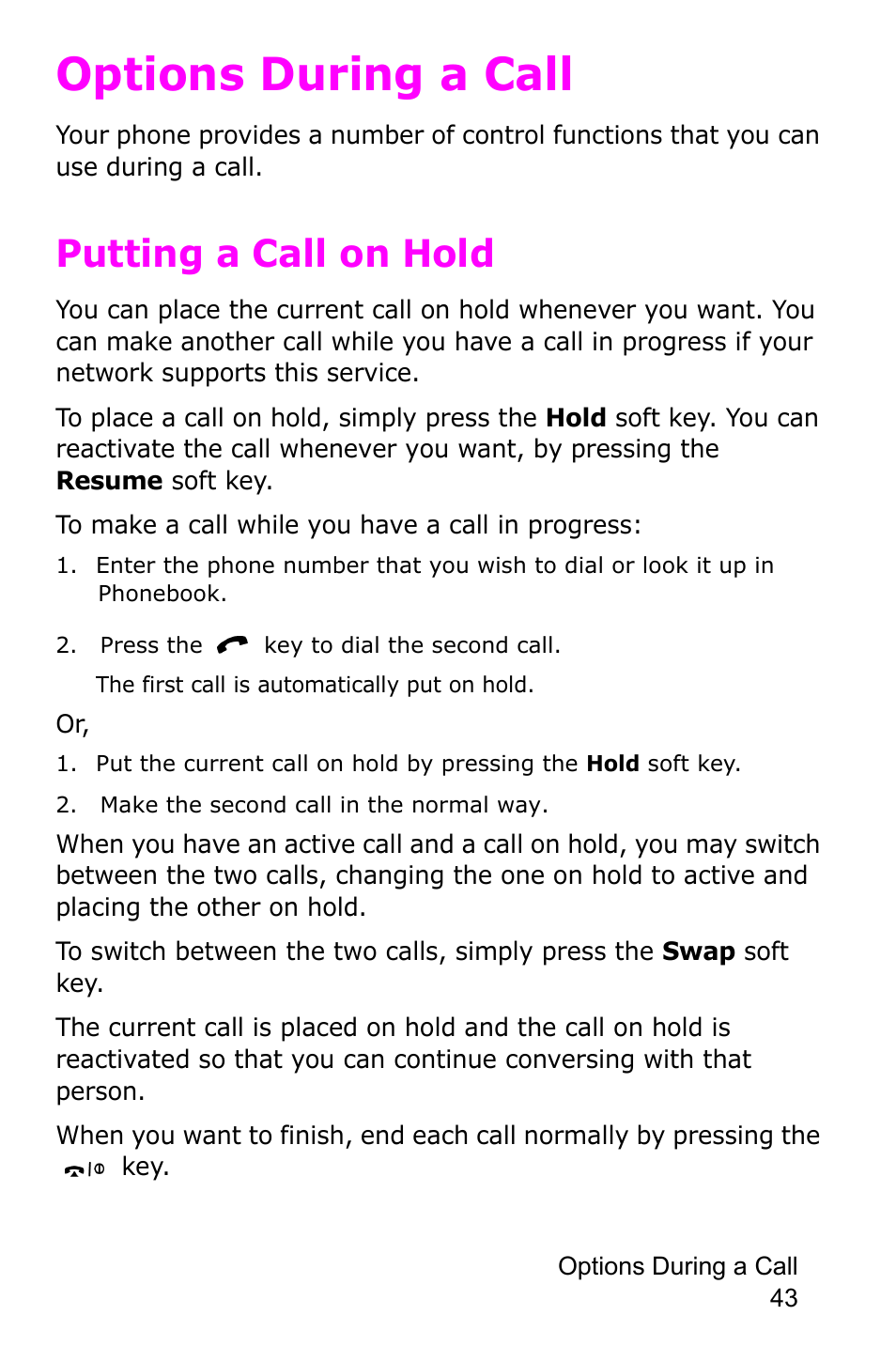 Options during a call, Putting a call on hold | Samsung SGH-P735MSATMB User Manual | Page 44 / 193