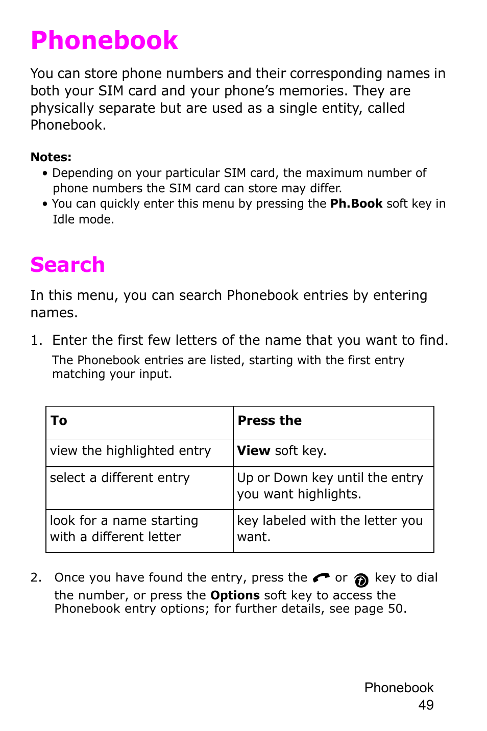 Phonebook, Search | Samsung SGH-P735MSATMB User Manual | Page 50 / 193