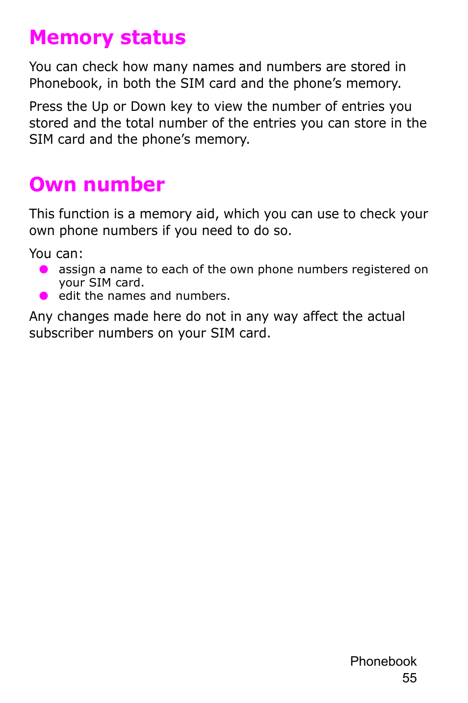 Memory status, Own number, Memory status own number | Samsung SGH-P735MSATMB User Manual | Page 56 / 193