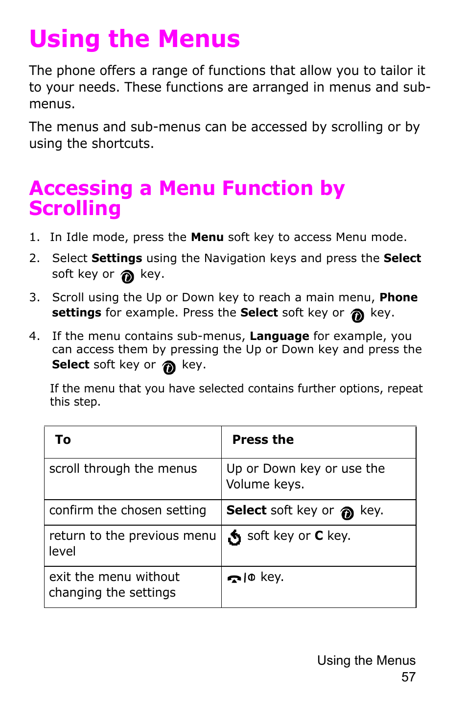 Using the menus, Accessing a menu function by scrolling | Samsung SGH-P735MSATMB User Manual | Page 58 / 193