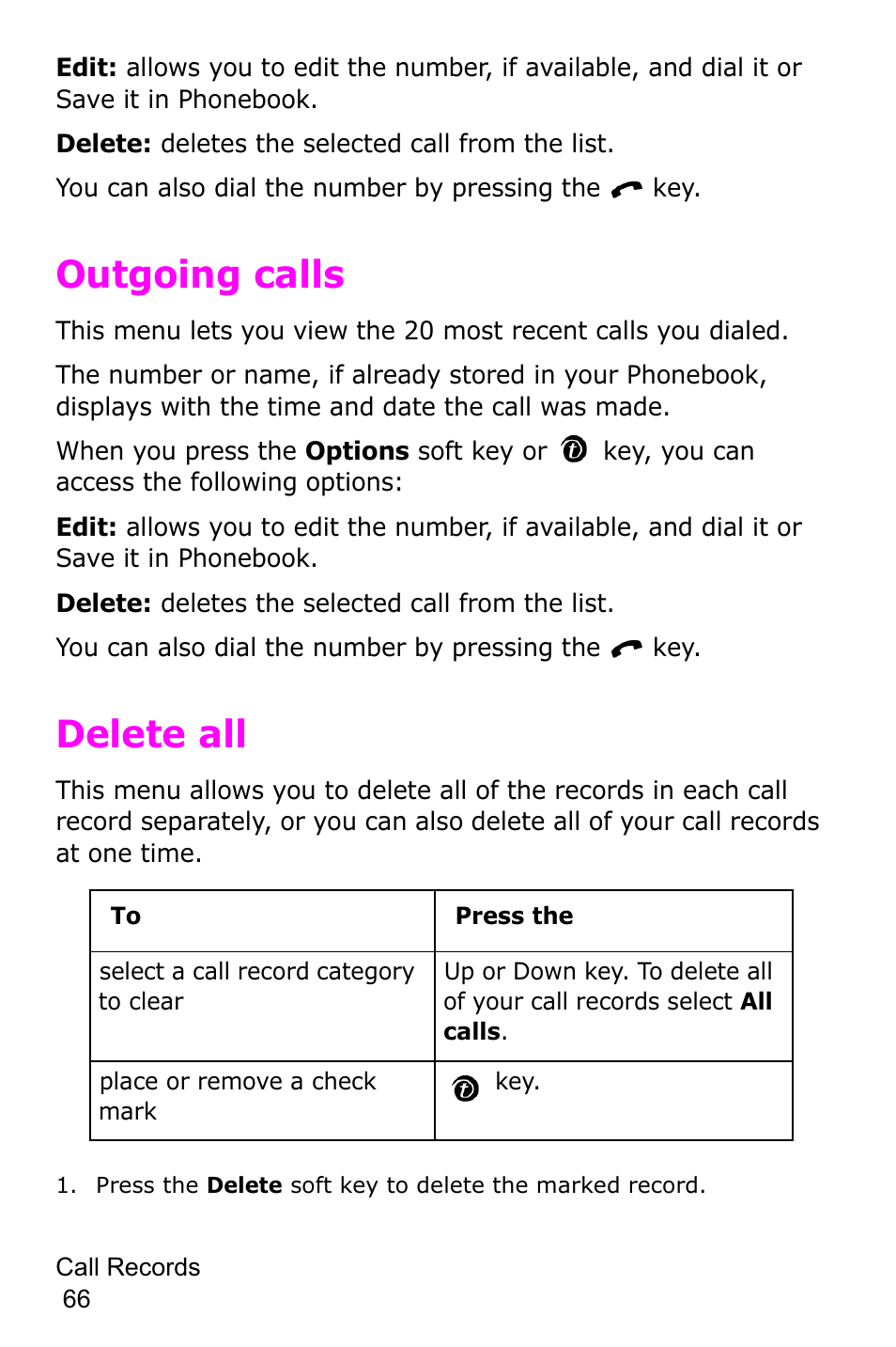 Outgoing calls, Delete all, Outgoing calls delete all | Samsung SGH-P735MSATMB User Manual | Page 67 / 193