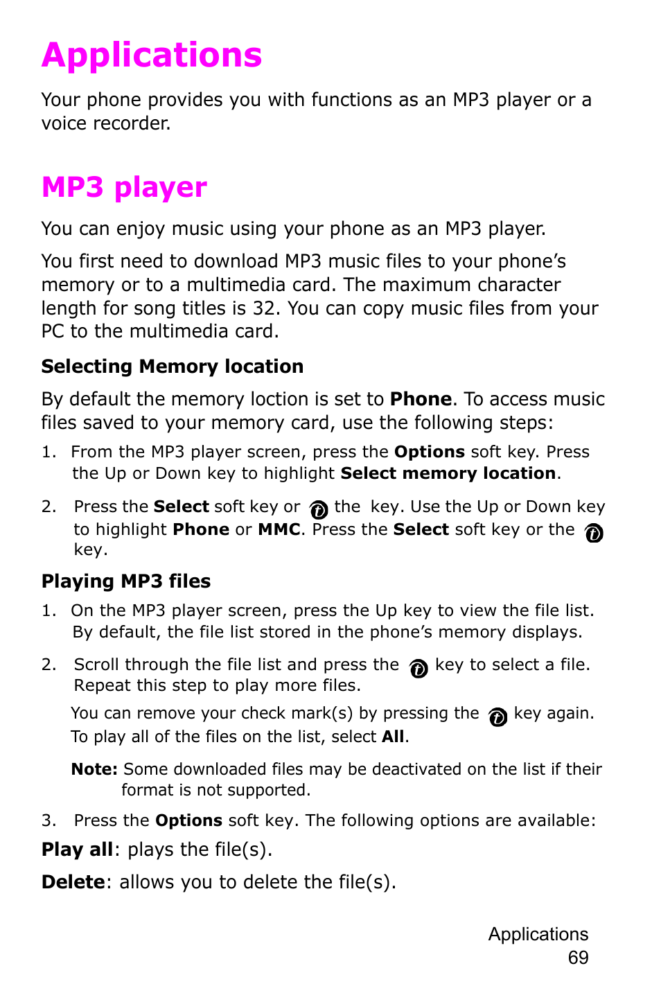 Applications, Mp3 player | Samsung SGH-P735MSATMB User Manual | Page 70 / 193