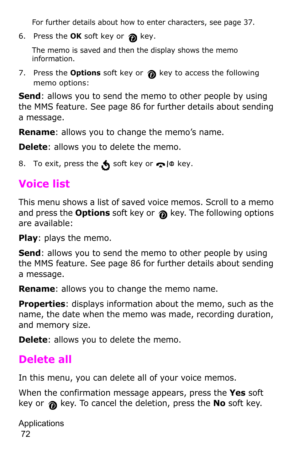 Voice list, Delete all | Samsung SGH-P735MSATMB User Manual | Page 73 / 193