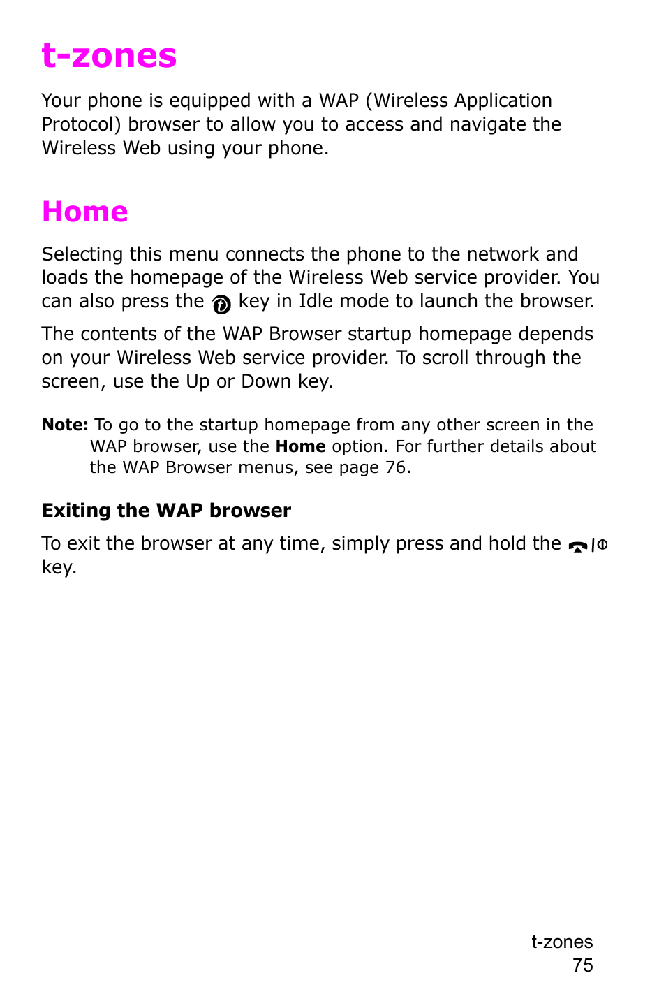 T-zones, Home | Samsung SGH-P735MSATMB User Manual | Page 76 / 193