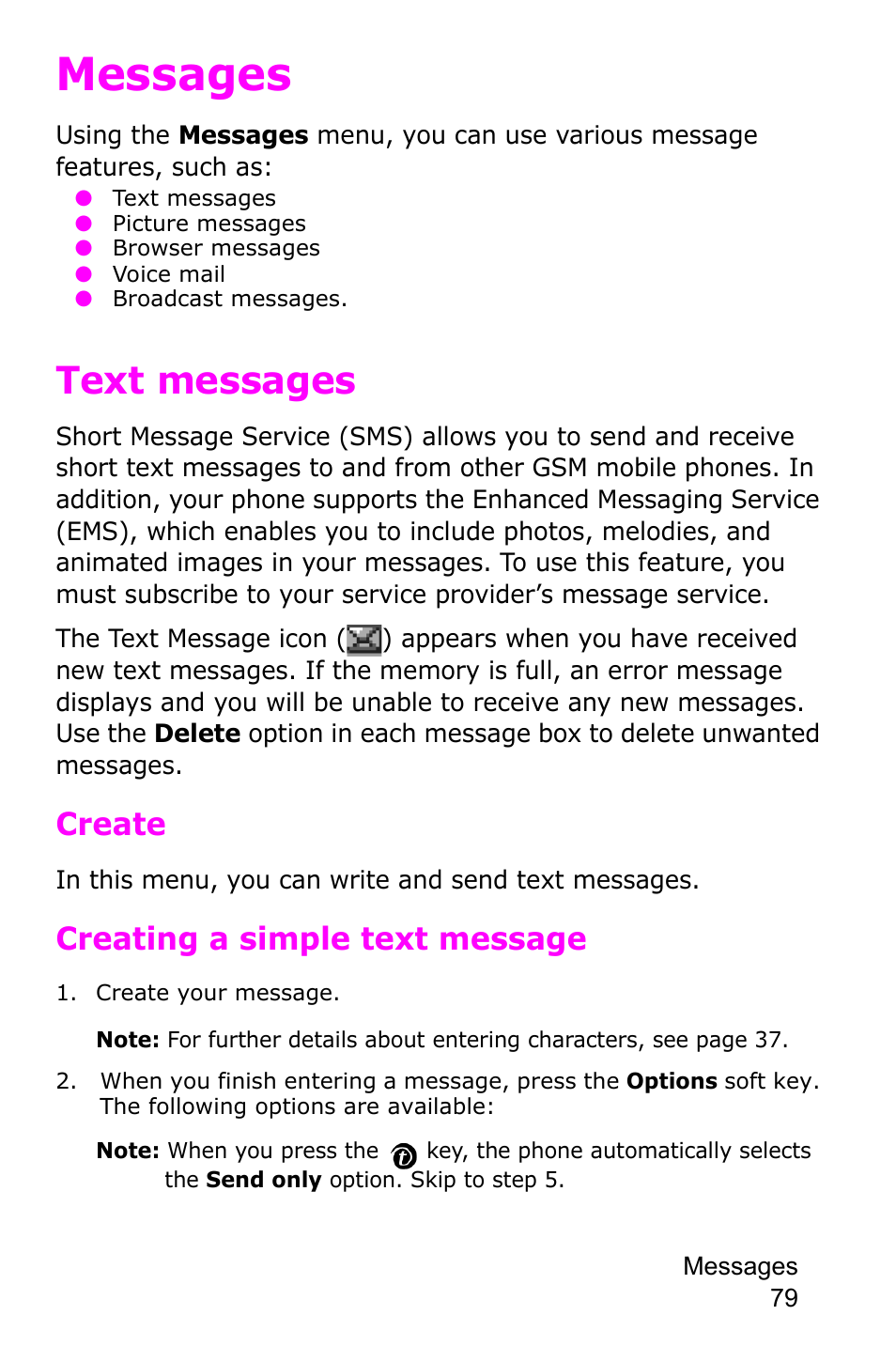 Messages, Text messages, Create | Creating a simple text message | Samsung SGH-P735MSATMB User Manual | Page 80 / 193