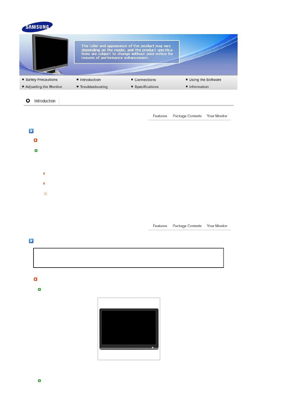 Introduction, Features, Package contents | Samsung LS19MEWSFY-XAA User Manual | Page 13 / 47
