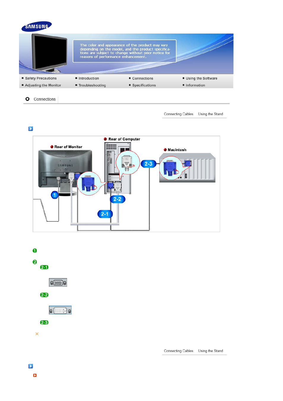 Connections, Connecting cables, Using the stand | Samsung LS19MEWSFY-XAA User Manual | Page 17 / 47