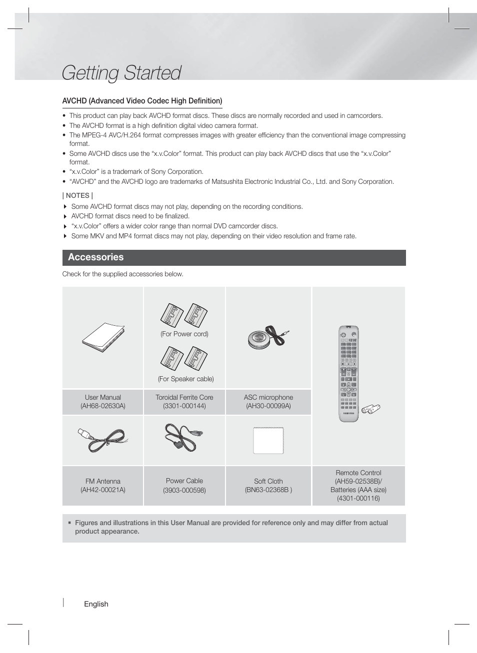 Getting started, Accessories, Avchd (advanced video codec high definition) | Samsung HT-F9730W-ZA User Manual | Page 10 / 61