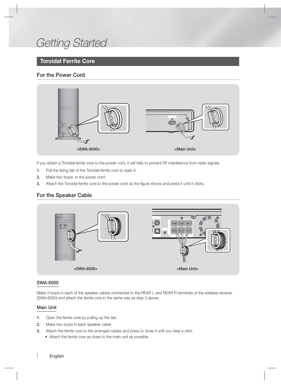 Getting started, Toroidal ferrite core, For the power cord | For the speaker cable, Swa-6000, Main unit | Samsung HT-F9730W-ZA User Manual | Page 12 / 61