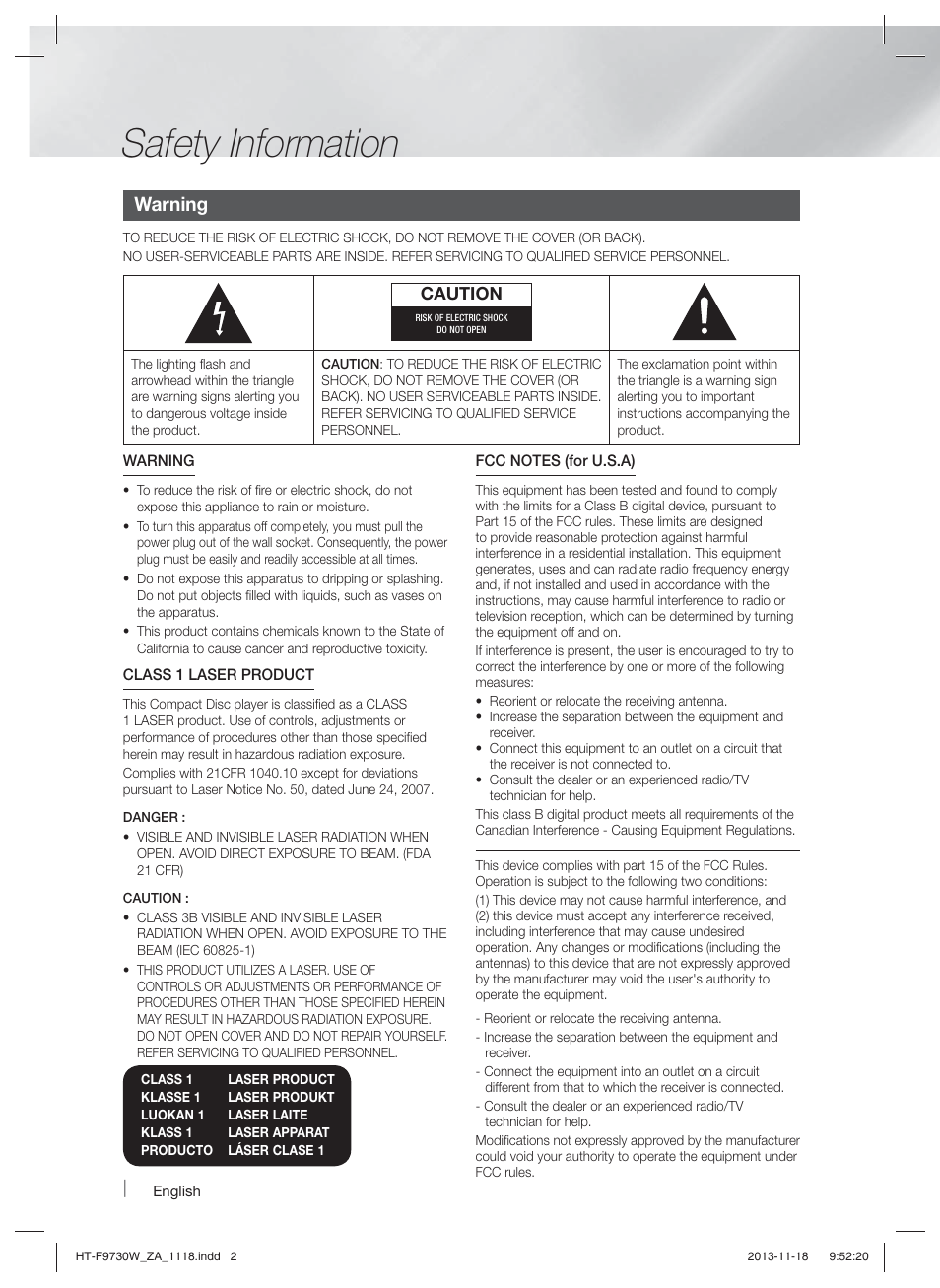 Safety information, Warning | Samsung HT-F9730W-ZA User Manual | Page 2 / 61
