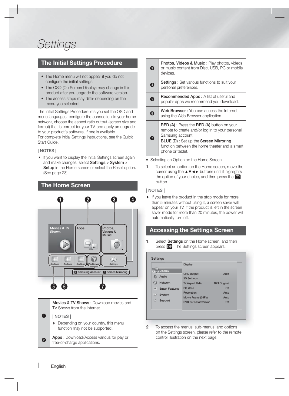 Settings, The initial settings procedure, The home screen | Accessing the settings screen | Samsung HT-F9730W-ZA User Manual | Page 20 / 61