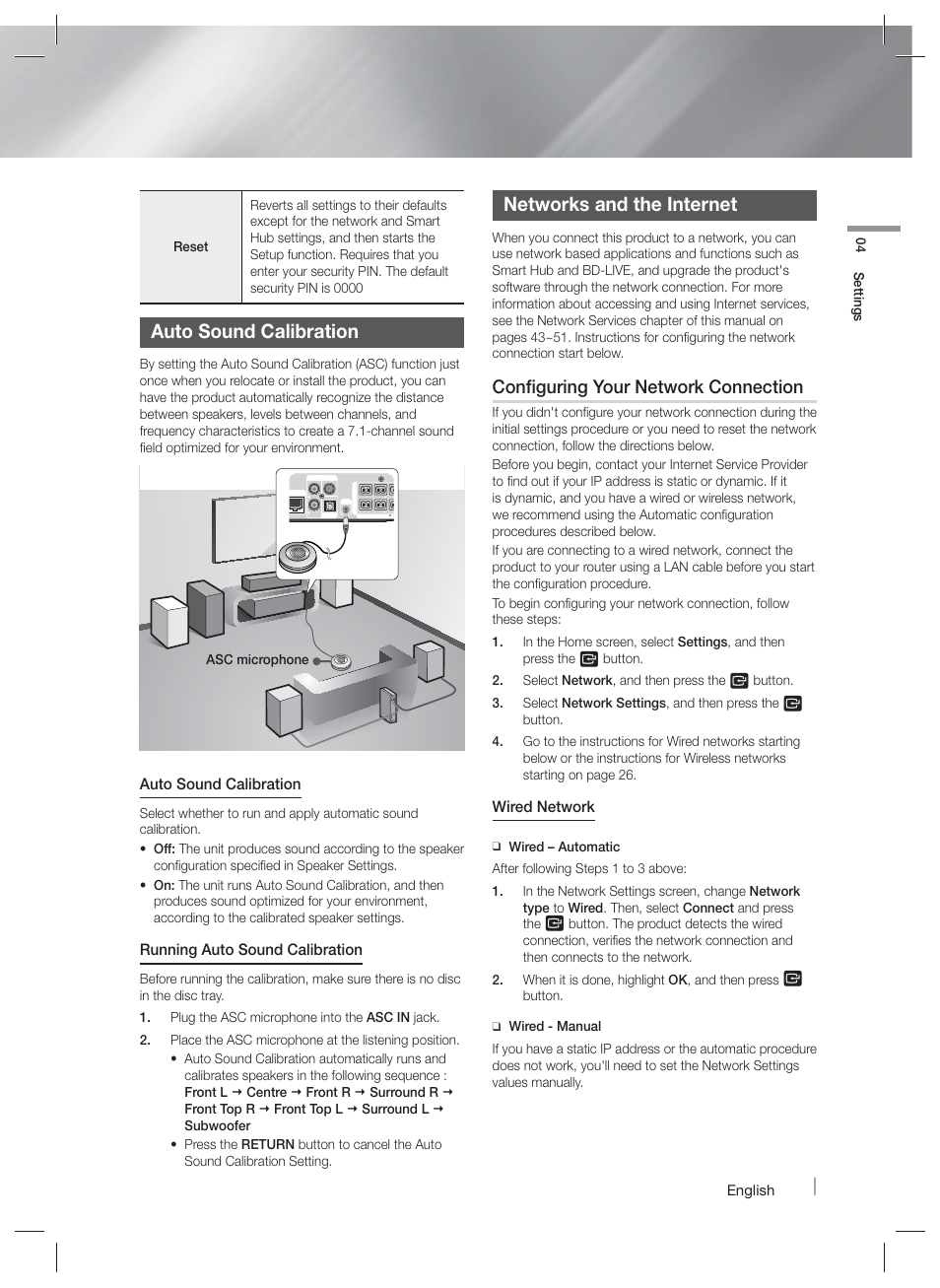 Auto sound calibration, Networks and the internet, Configuring your network connection | Running auto sound calibration, Wired network | Samsung HT-F9730W-ZA User Manual | Page 25 / 61