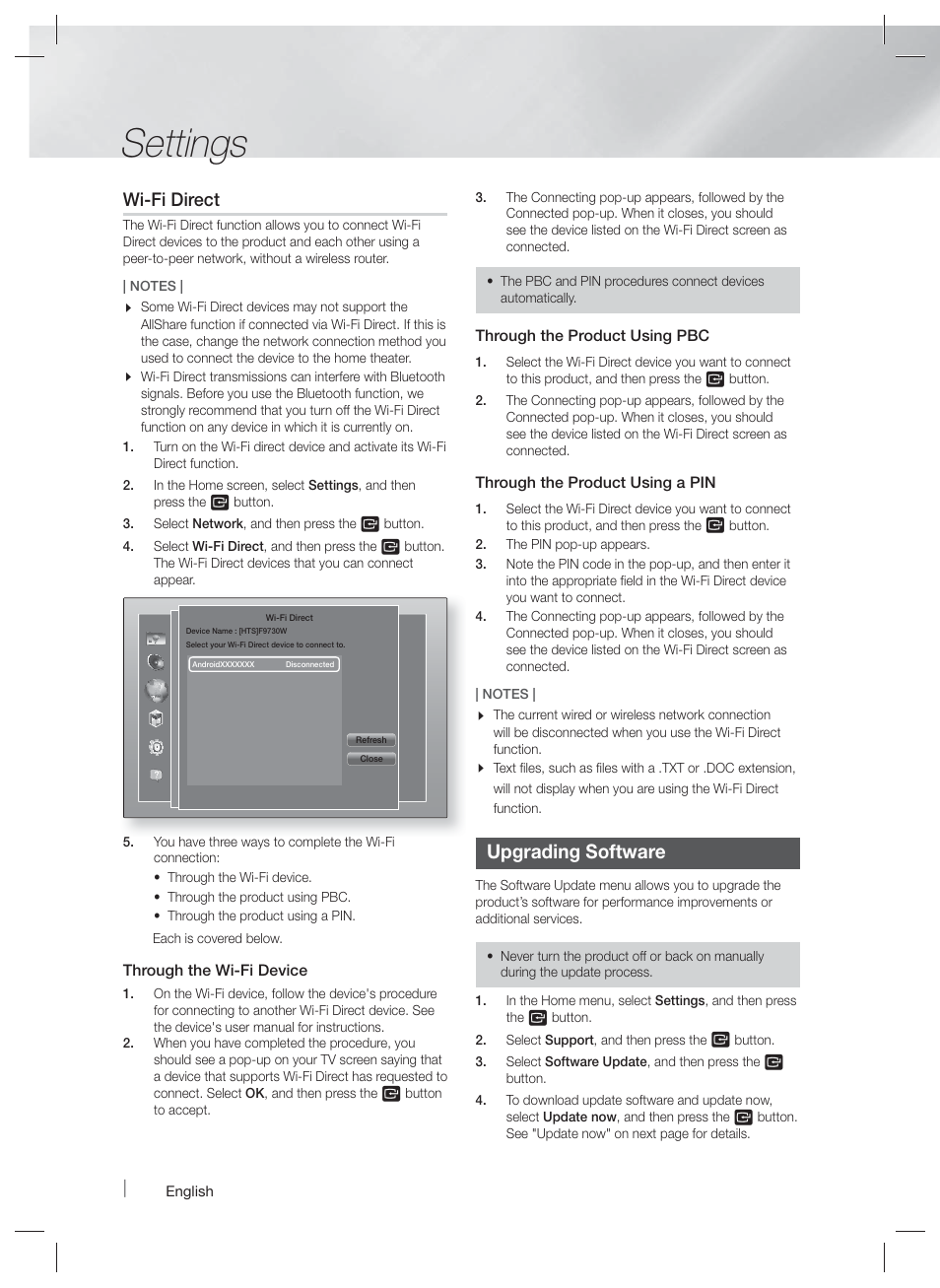 Settings, Upgrading software, Wi-fi direct | Samsung HT-F9730W-ZA User Manual | Page 28 / 61