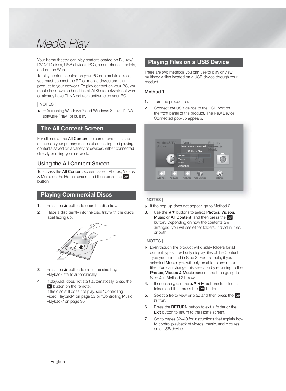Media play, The all content screen, Playing commercial discs | Playing files on a usb device, Using the all content screen | Samsung HT-F9730W-ZA User Manual | Page 30 / 61
