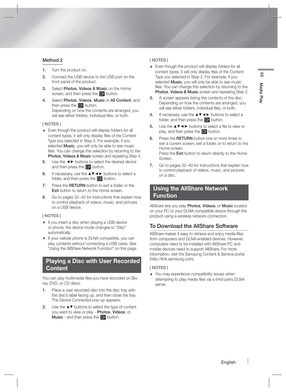 Playing a disc with user recordedcontent, Using the allshare networkfunction, Controlling video playback | Playing a disc with user recorded content, Using the allshare network function | Samsung HT-F9730W-ZA User Manual | Page 31 / 61