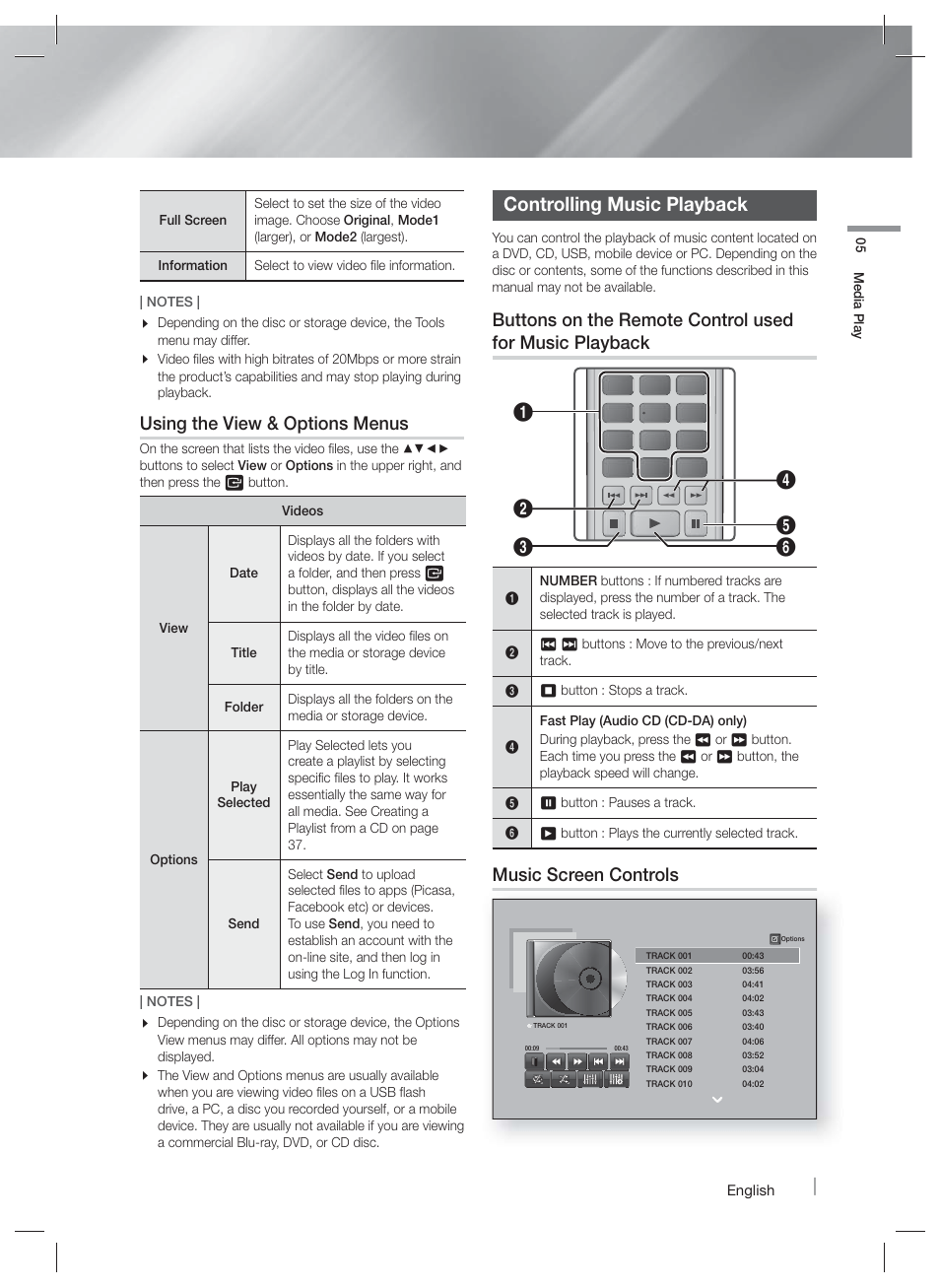 Controlling music playback, Using the view & options menus, Music screen controls | Samsung HT-F9730W-ZA User Manual | Page 35 / 61
