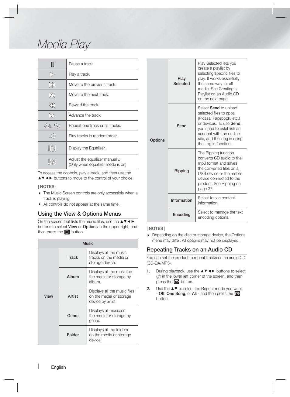 Media play, Using the view & options menus, Repeating tracks on an audio cd | Samsung HT-F9730W-ZA User Manual | Page 36 / 61