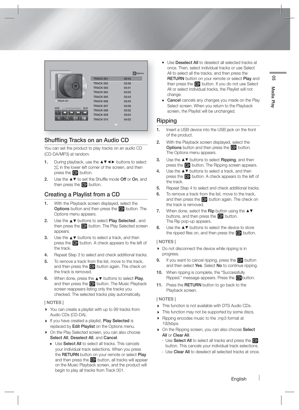 Shuffling tracks on an audio cd, Creating a playlist from a cd, Ripping | Samsung HT-F9730W-ZA User Manual | Page 37 / 61