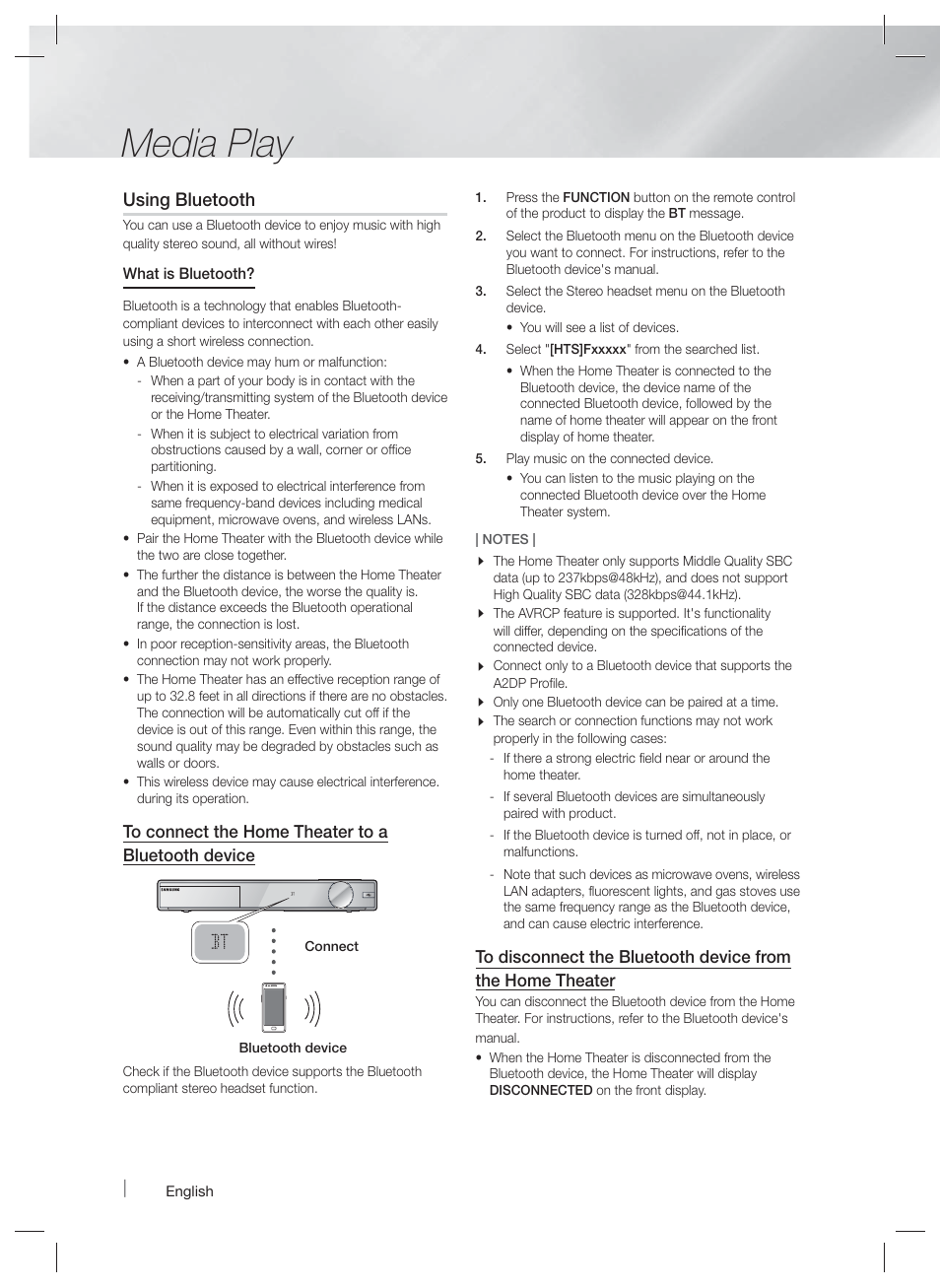 Media play, Using bluetooth | Samsung HT-F9730W-ZA User Manual | Page 38 / 61