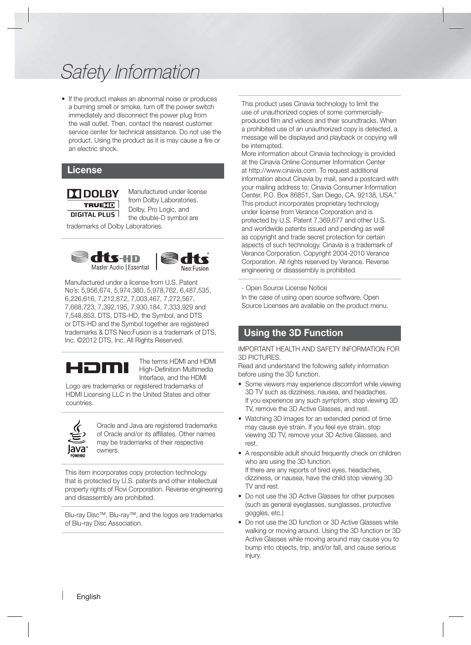 Safety information, License, Using the 3d function | Samsung HT-F9730W-ZA User Manual | Page 4 / 61