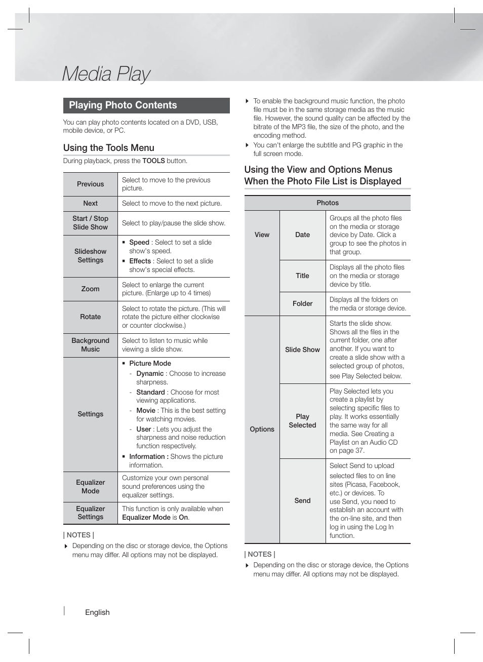 Media play, Playing photo contents, Using the tools menu | Samsung HT-F9730W-ZA User Manual | Page 40 / 61
