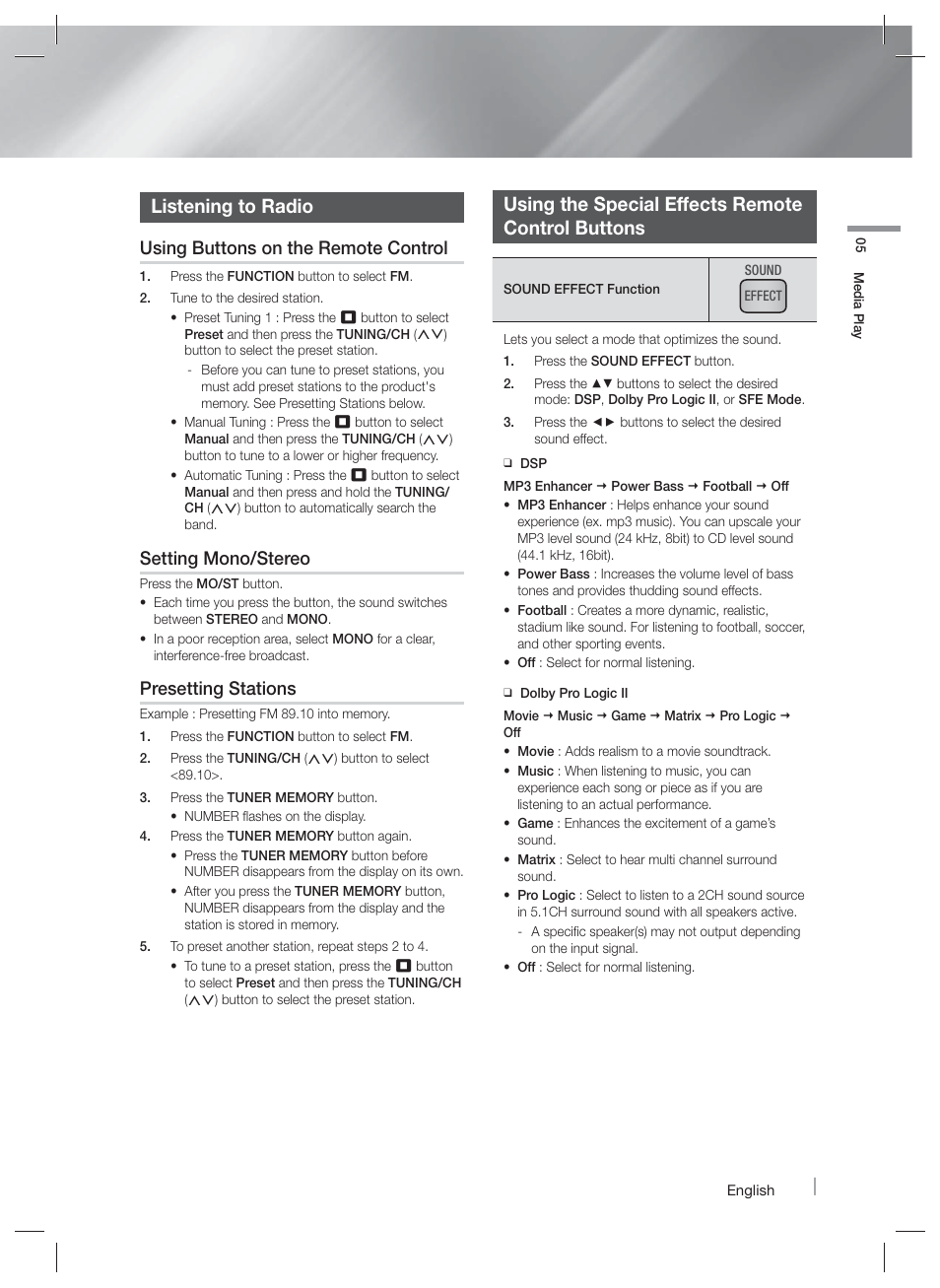 Listening to radio, Using the special effects remotecontrol buttons, Using the special effects remote control buttons | Using buttons on the remote control, Setting mono/stereo, Presetting stations | Samsung HT-F9730W-ZA User Manual | Page 41 / 61
