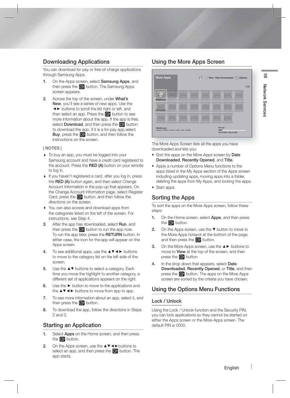 Downloading applications, Starting an application, Using the more apps screen | Sorting the apps, Using the options menu functions | Samsung HT-F9730W-ZA User Manual | Page 45 / 61