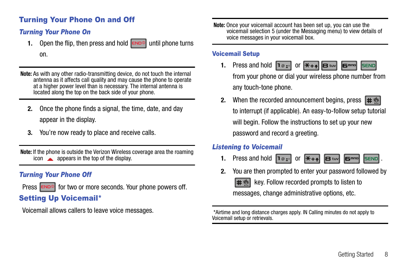 Turning your phone on and off, Turning your phone on, Turning your phone off | Setting up voicemail, Listening to voicemail, Turning your phone on and off setting up voicemail | Samsung SCH-U550ZNAVZW User Manual | Page 11 / 145