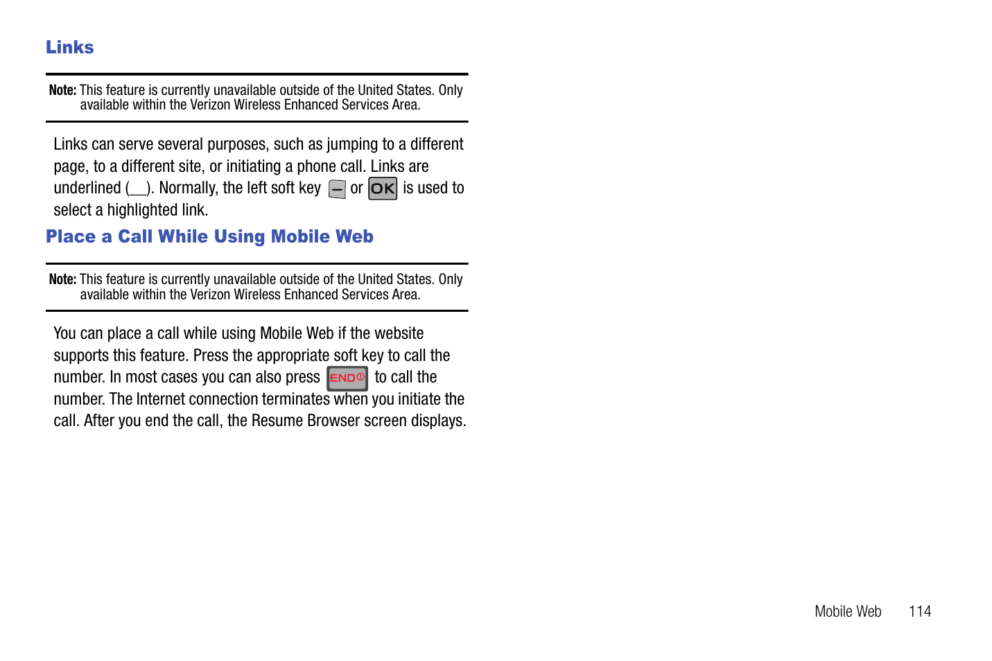 Links, Place a call while using mobile web, Links place a call while using mobile web | Samsung SCH-U550ZNAVZW User Manual | Page 117 / 145