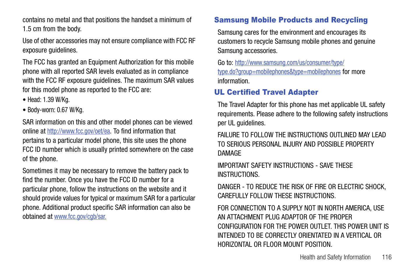 Samsung mobile products and recycling, Ul certified travel adapter | Samsung SCH-U550ZNAVZW User Manual | Page 119 / 145